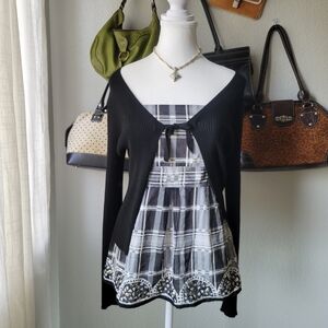 White House Black Market Black and White Plaid Blouse